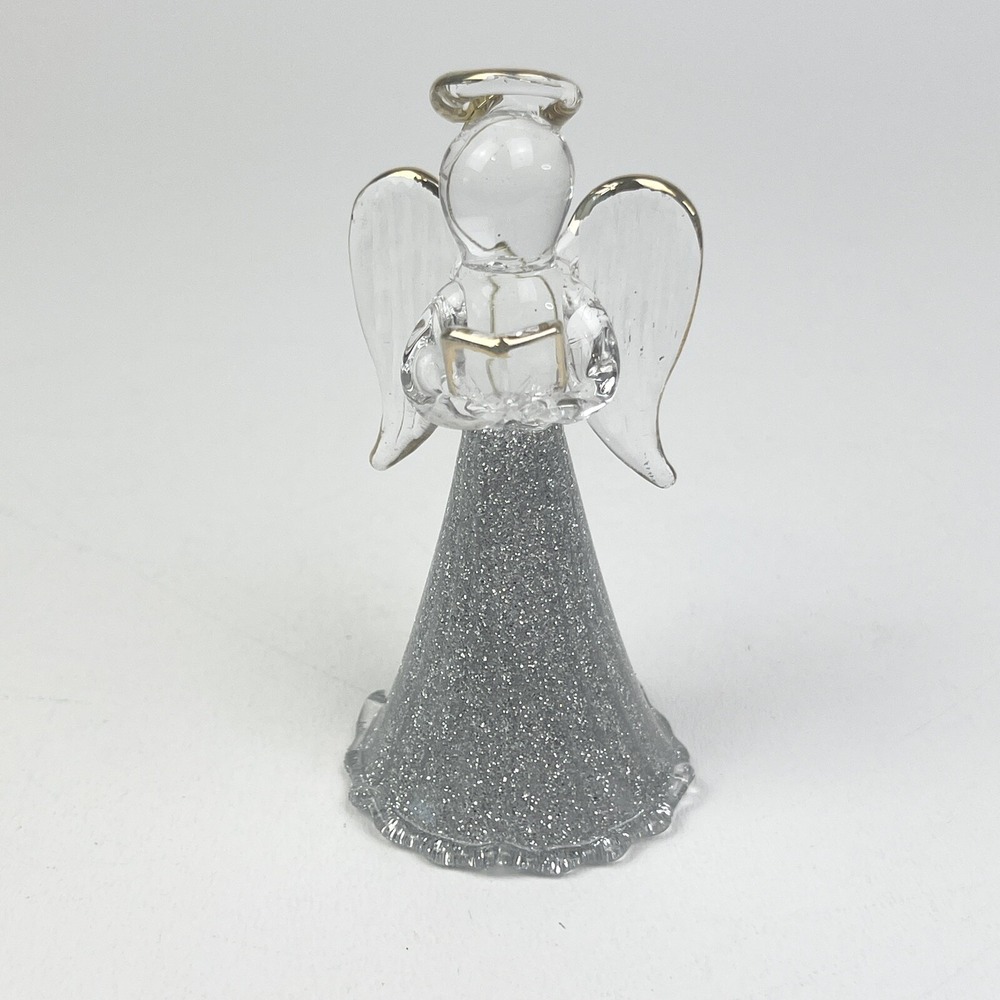 Clear Hand Blown Art Glass Singing Angel Figurine Silver Glitter Christmas Ornam